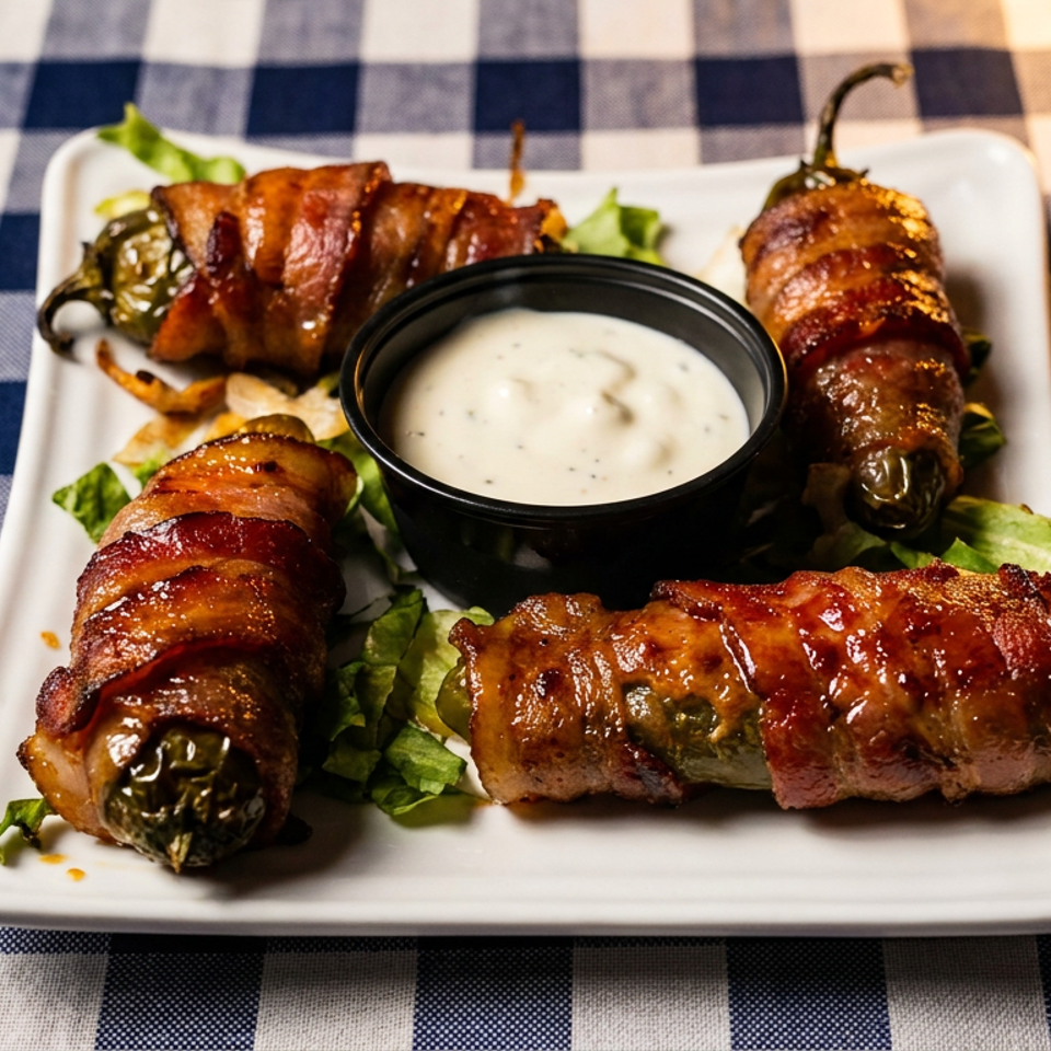 Four bacon-wrapped jalapeño poppers with ranch dipping sauce arranged on lettuce atop a white plate.