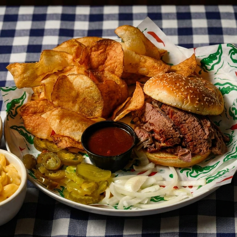 Barbecue beef sandwich with potato chips, macaroni and cheese, pickles, onions, and dipping sauce on a checkered tablecloth.