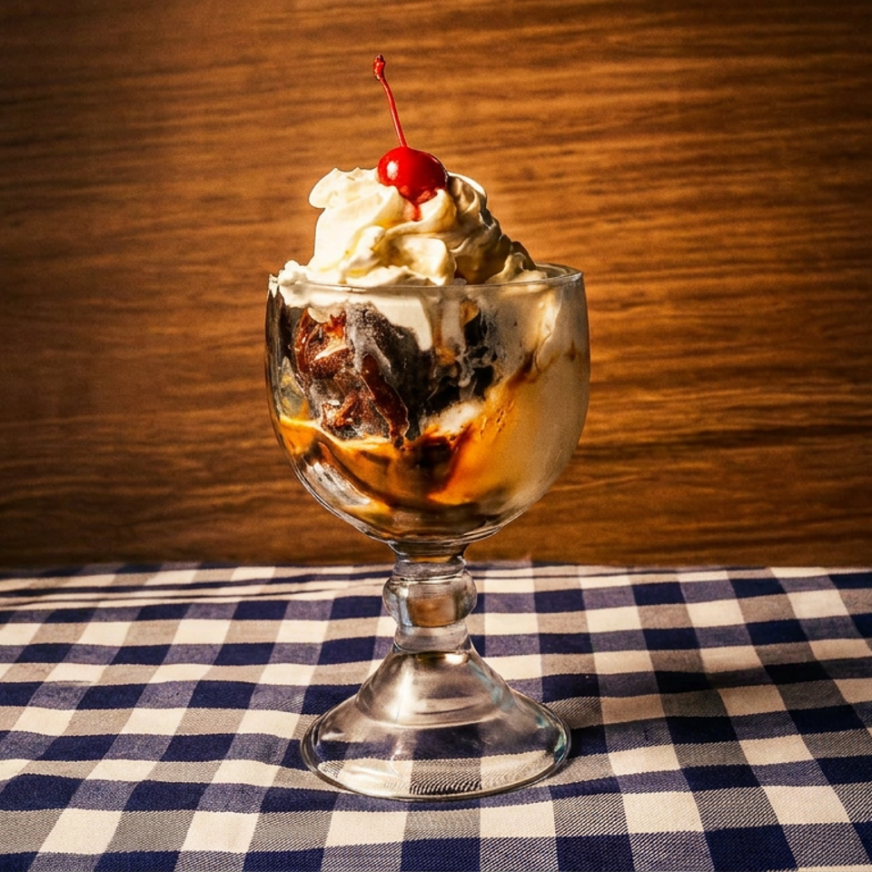 Chocolate sundae with whipped cream and a cherry in a glass dessert dish on a blue-and-white checkered tablecloth.