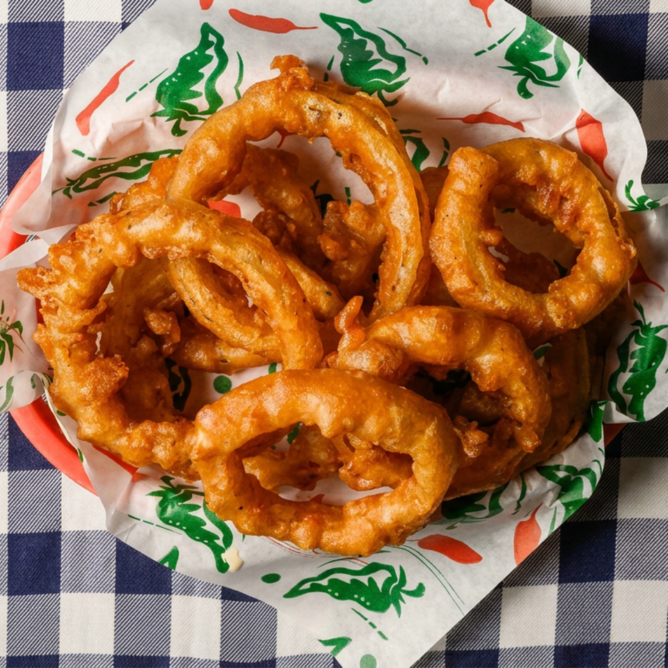 Basket of golden-brown fried onion rings served on patterned paper over a blue-and-white checkered tablecloth.