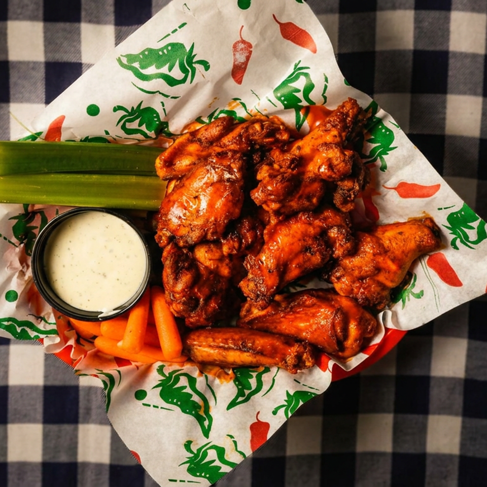 Basket of saucy chicken wings with celery, carrots, and creamy dipping sauce on a black-and-white checkered tablecloth.