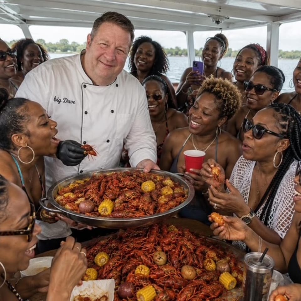 David and the girls with a crawfish platter on a boat.