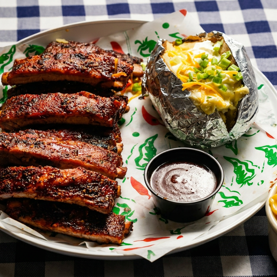 Barbecue ribs with baked potato topped with cheese and green onions, dipping sauce, and macaroni and cheese on a checkered tablecloth.