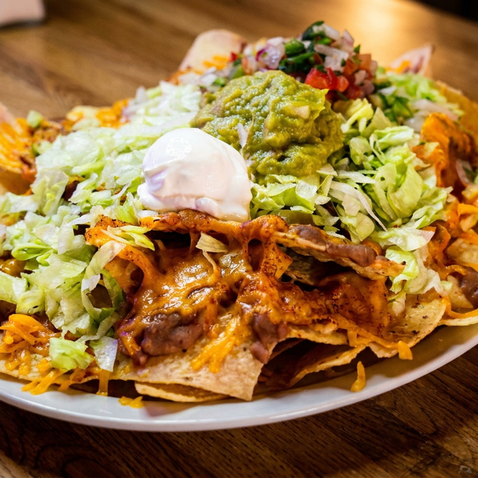 Loaded plate of nachos topped with melted cheese, beans, lettuce, guacamole, sour cream, and salsa on a wooden table.