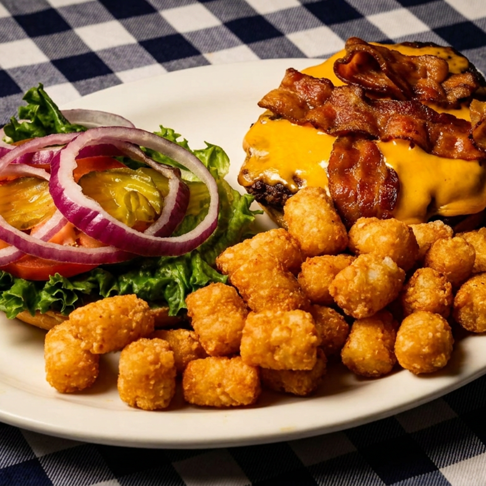 Bacon cheeseburger with lettuce, tomato, pickles, and red onion, served with crispy tater tots on a checkered tablecloth.
