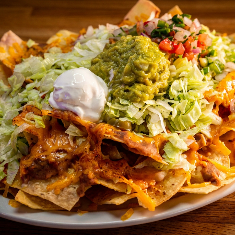 Loaded nachos topped with melted cheese, shredded lettuce, guacamole, sour cream, salsa, and diced tomatoes on a plate.