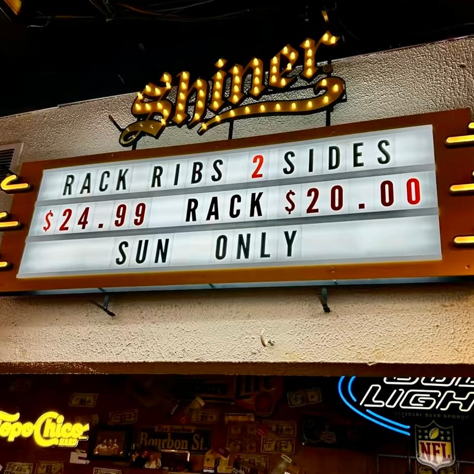 Sunday only: rack of ribs with 2 sides $24.99, rack $20.00.