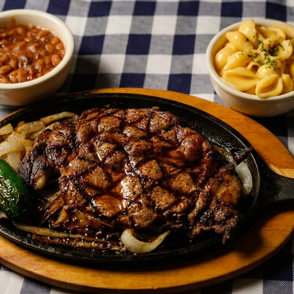 Sizzling skillet of grilled steak with onions and jalapeño, served with baked beans and creamy pasta on a checkered tablecloth.