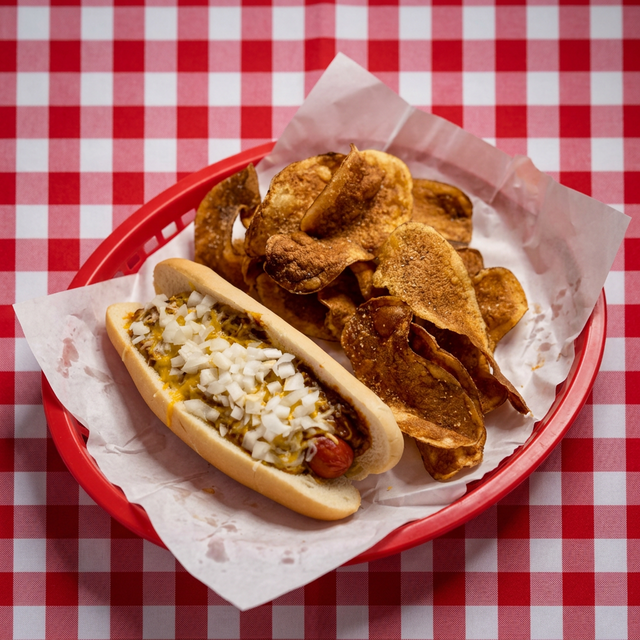 3/4 Pound All Beef Chili Cheese Dog with Homemade Chips.