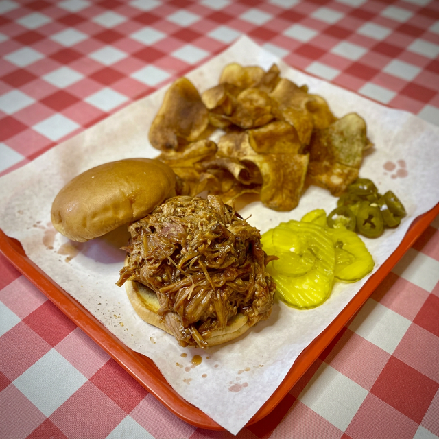Pulled Pork Shoulder Sandwich.