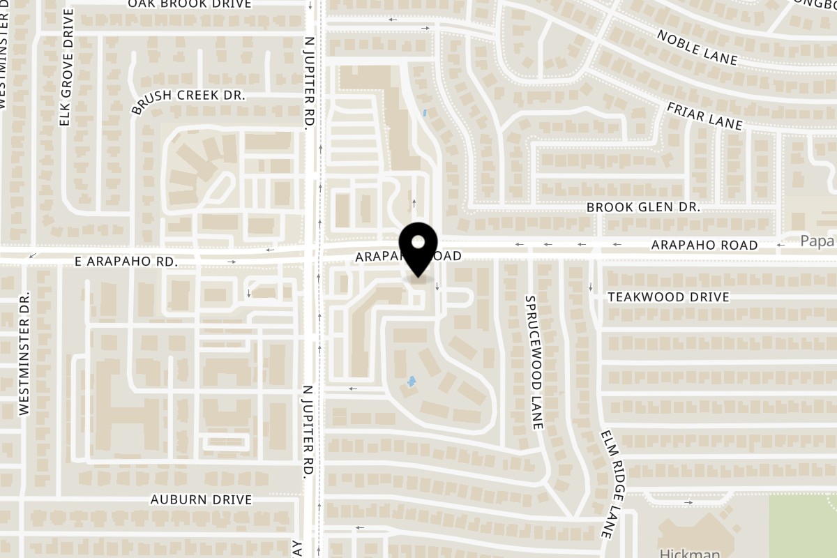 Map showing the location of Bleachers BBQ Bar and Grill on 3402 Arapaho Rd in Garland